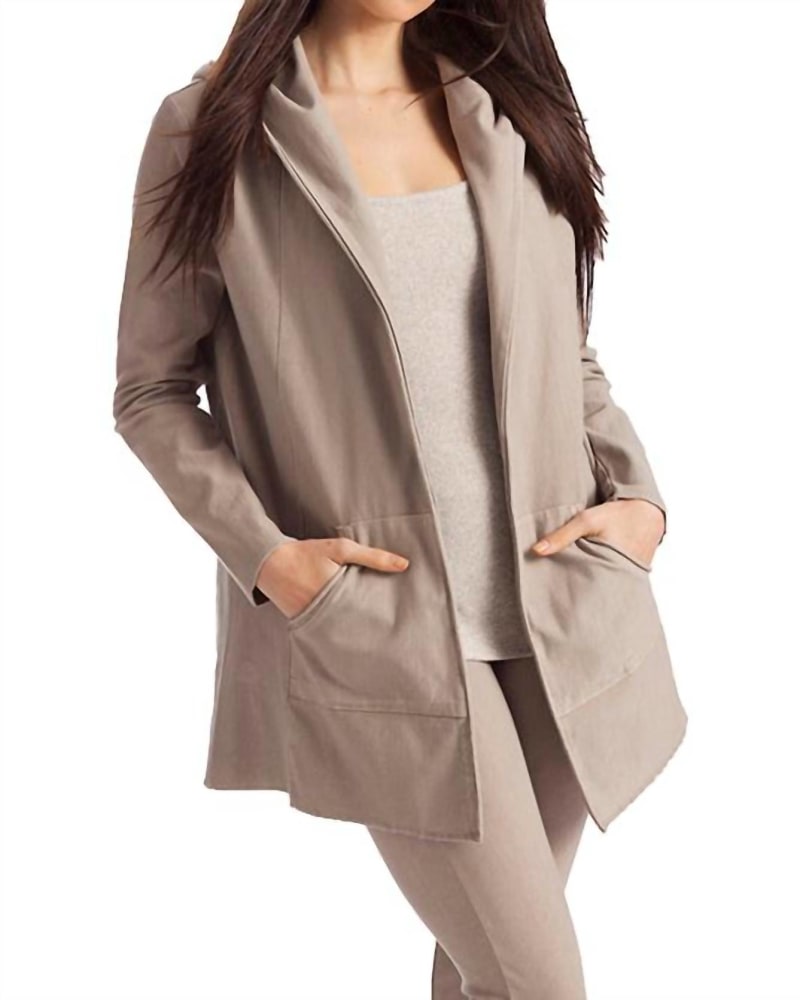 Front of a model wearing a size LG Monica Hooded Draped Cardigan in Oatmeal in Oatmeal by french kyss. | dia_product_style_image_id:327251
